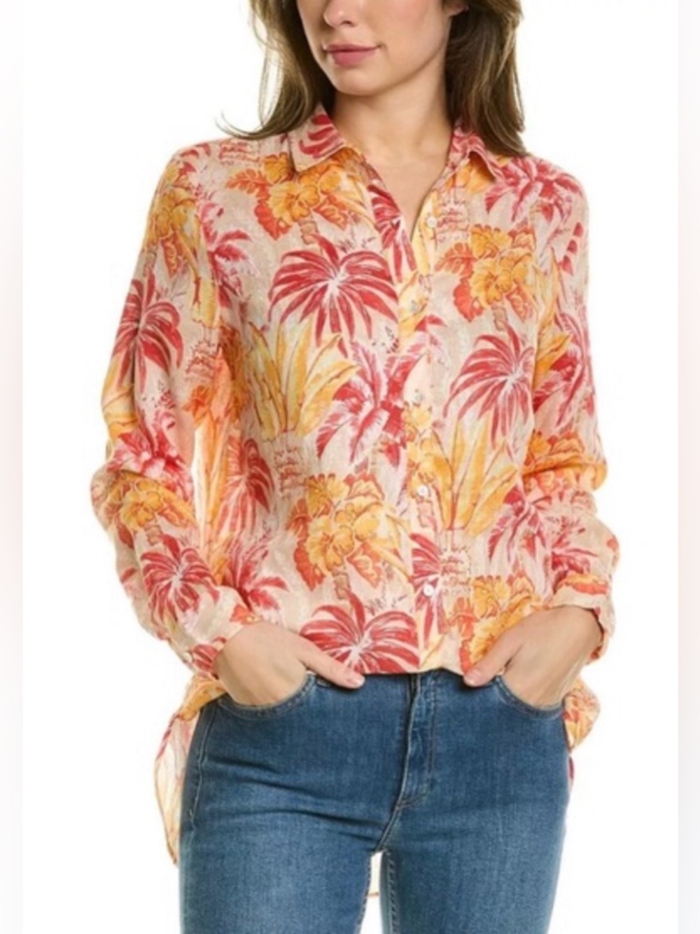 J. MCLAUGHLIN Linen Tropical Floral Button Up Top Blouse Women's Size Small